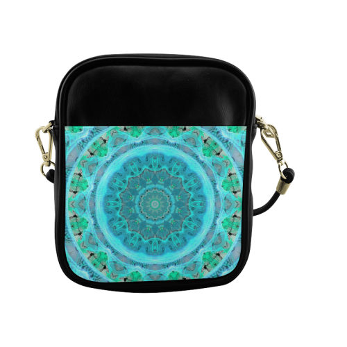 Teal Cyan Ocean Abstract Modern Lace Lattice Sling Bag (Model 1627)