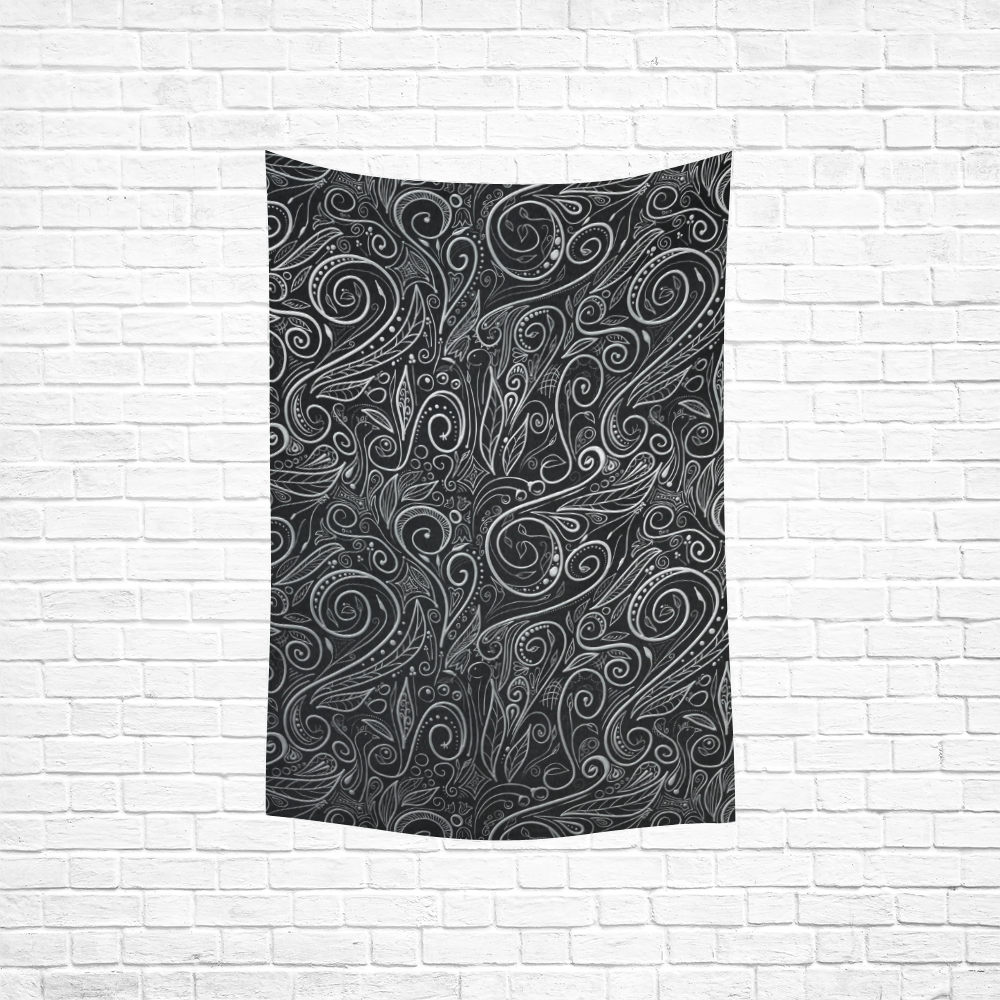 A elegant floral damasks in  silver and black Cotton Linen Wall Tapestry 40"x 60"