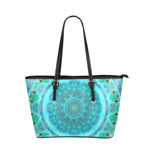Teal Cyan Ocean Abstract Modern Lace Lattice Leather Tote Bag/Large (Model 1651)