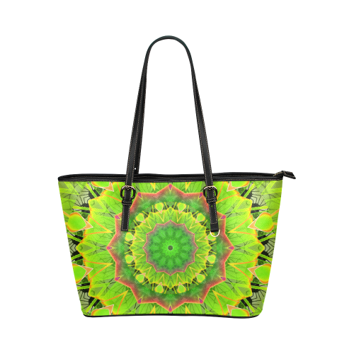 Golden Green Foliage Ferns Abstract Summer Days Leather Tote Bag/Large (Model 1651)