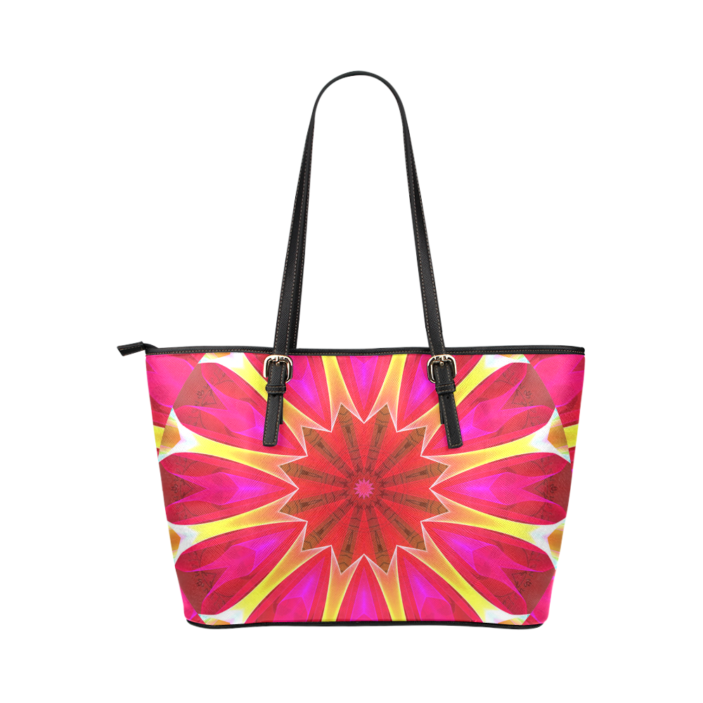Cherry Daffodil Abstract Modern Pink Flowers Zen Leather Tote Bag/Large (Model 1651)