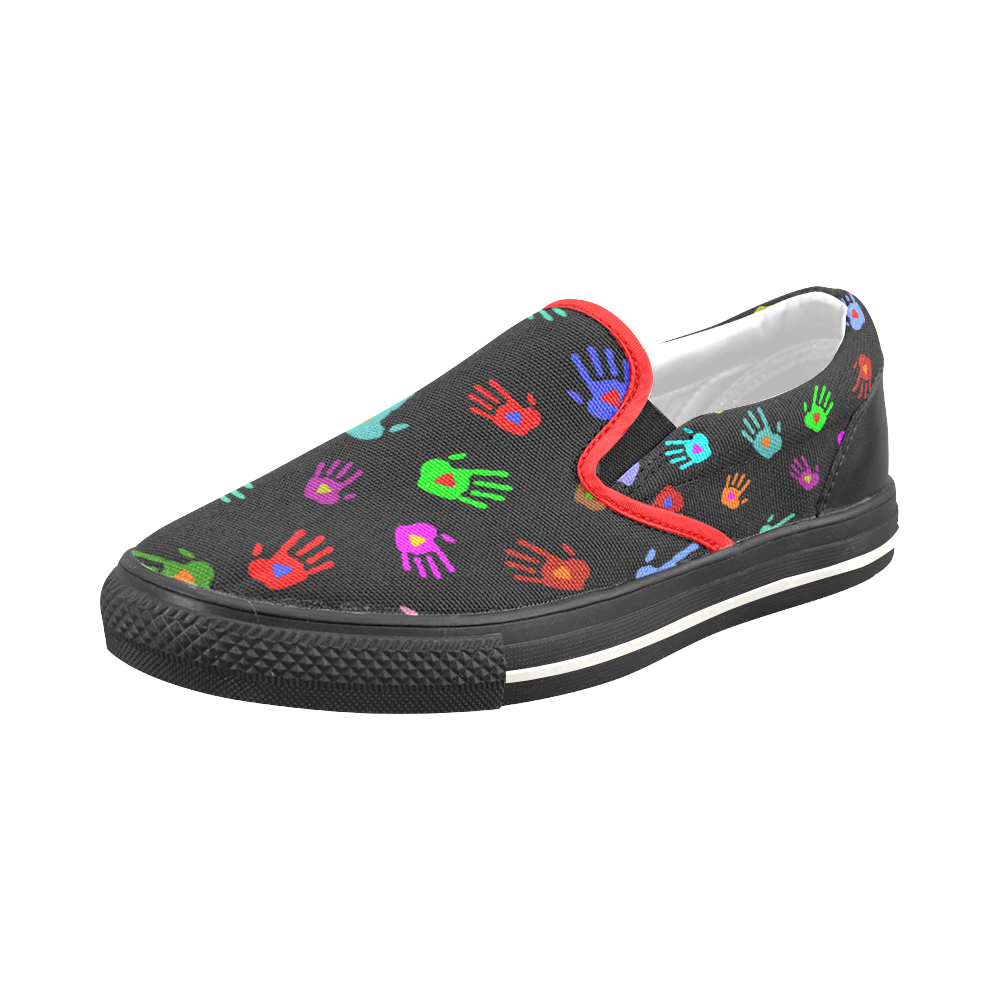 Multicolored HANDS with HEARTS love pattern Men's Slip-on Canvas Shoes (Model 019)
