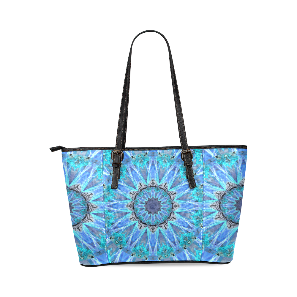 Sapphire Ice Flame, Cyan Blue Crystal Wheel Leather Tote Bag/Small (Model 1640)