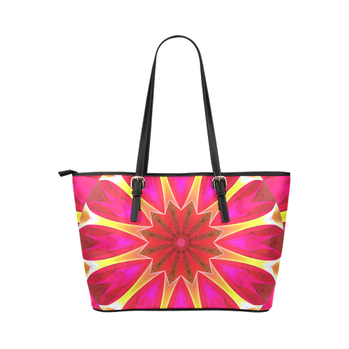 Cherry Daffodil Abstract Modern Pink Flowers Zen Leather Tote Bag/Small (Model 1651)
