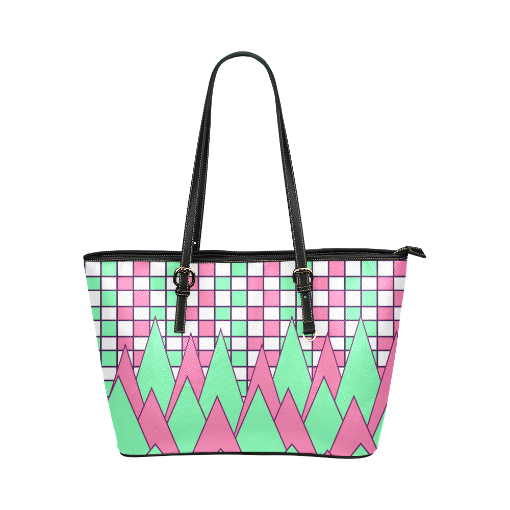 Geometry in pink and green Leather Tote Bag/Small (Model 1651)