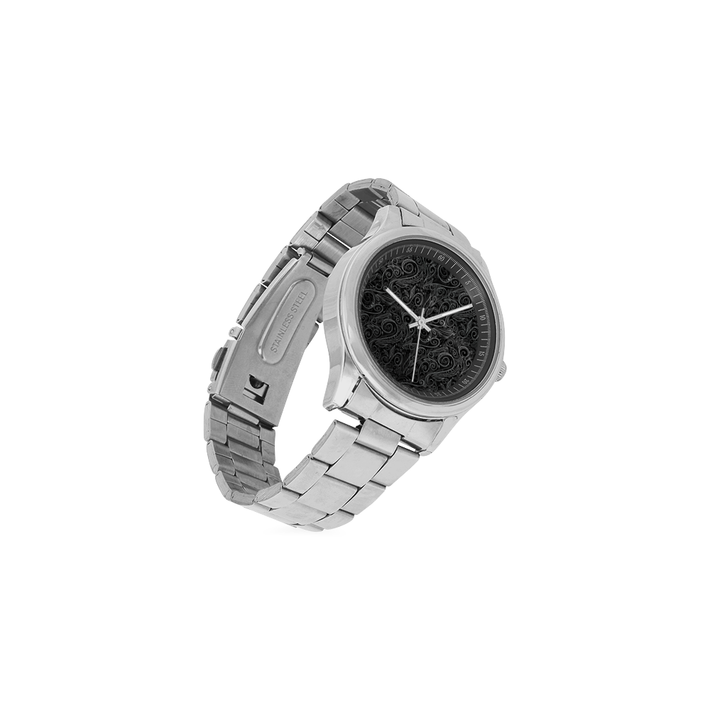 A elegant floral damasks in  silver and black Men's Stainless Steel Watch(Model 104)