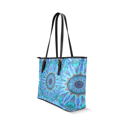 Sapphire Ice Flame, Cyan Blue Crystal Wheel Leather Tote Bag/Small (Model 1640)