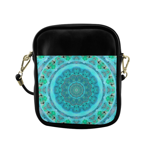 Teal Cyan Ocean Abstract Modern Lace Lattice Sling Bag (Model 1627)