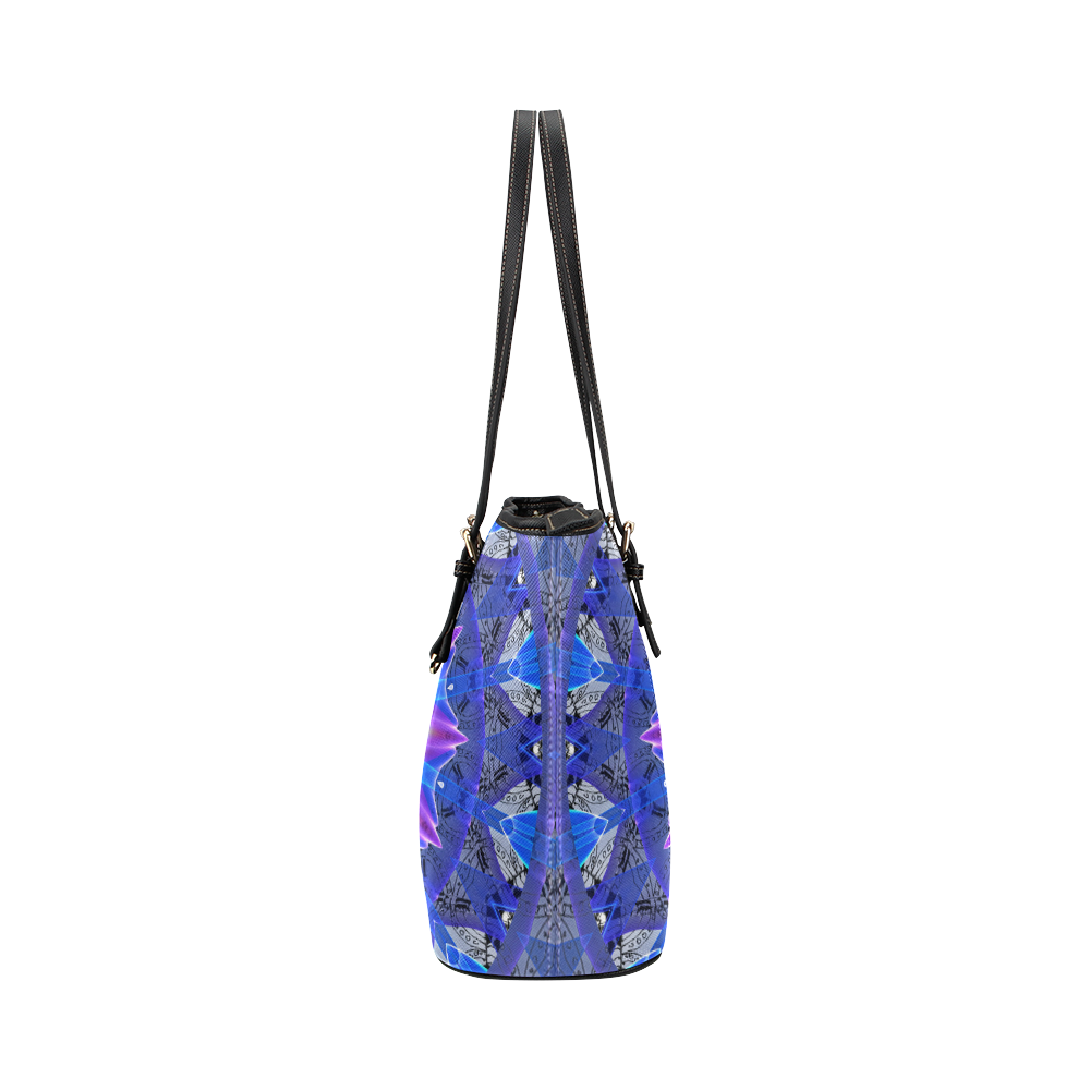 Blue Ice Merry Aqua Violet Foliage Flowers Zen Leather Tote Bag/Small (Model 1651)
