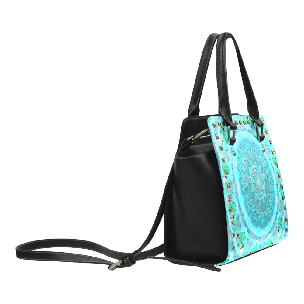 Teal Cyan Ocean Abstract Modern Lace Lattice Rivet Shoulder Handbag (Model 1645)
