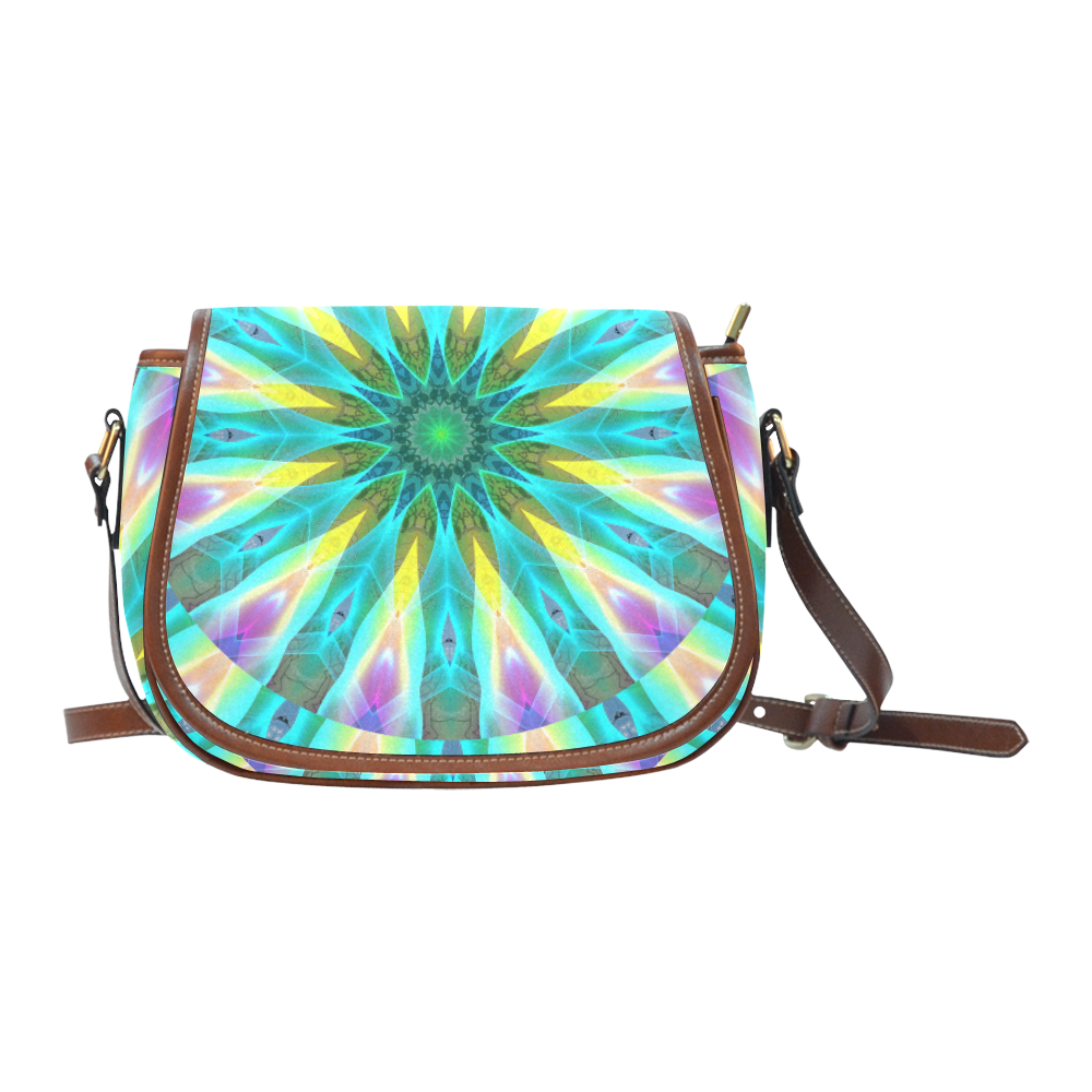 Golden Violet Peacock Sunrise Abstract Wind Flower Saddle Bag/Large (Model 1649)