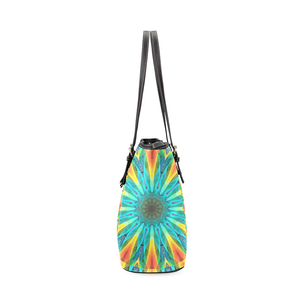 Aqua Gold Joy to the World Flowers, Zen Rainbow Leather Tote Bag/Small (Model 1640)