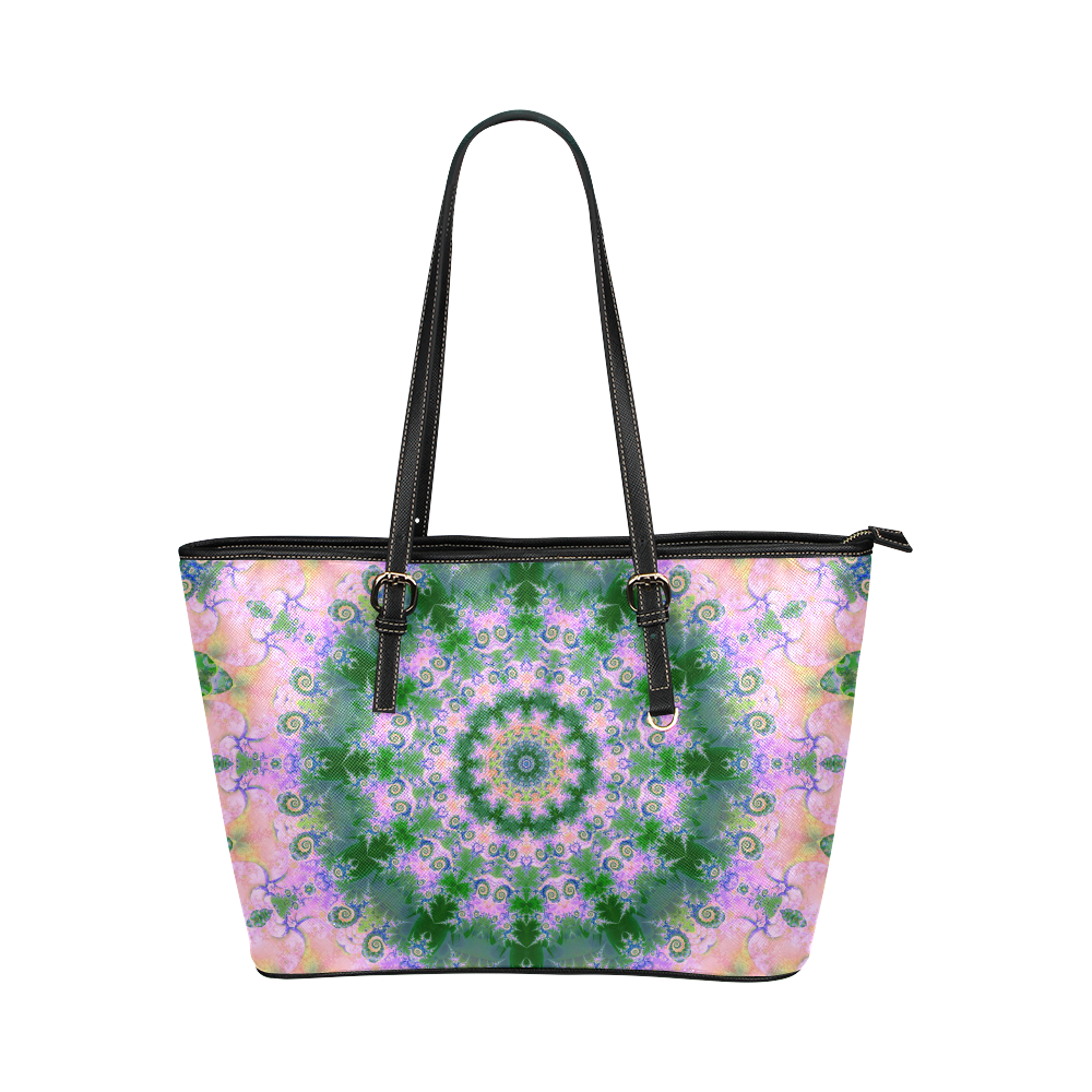 Rose Pink Green Explosion of Flowers Mandala Leather Tote Bag/Small (Model 1651)