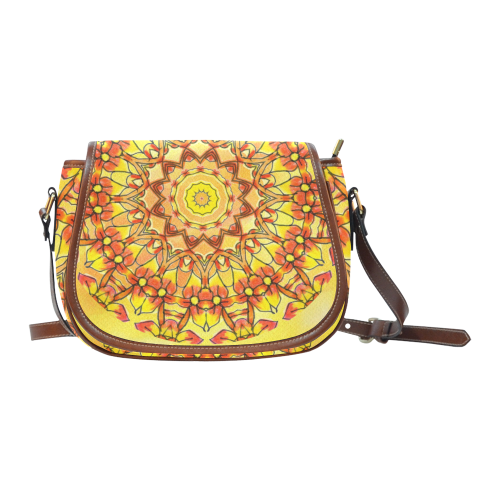 Orange Yellow Sunflower Mandala Red Zendoodle Saddle Bag/Small (Model 1649) Full Customization