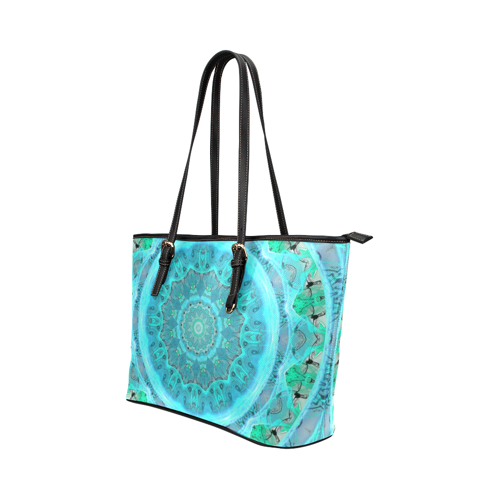 Teal Cyan Ocean Abstract Modern Lace Lattice Leather Tote Bag/Small (Model 1651)