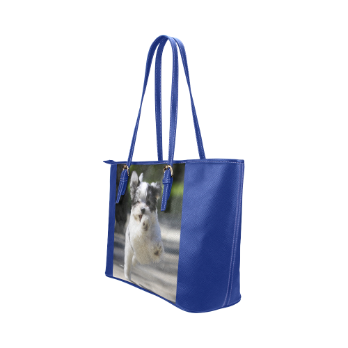 Havanese puppy coming at ya! Leather Tote Bag/Large (Model 1651)