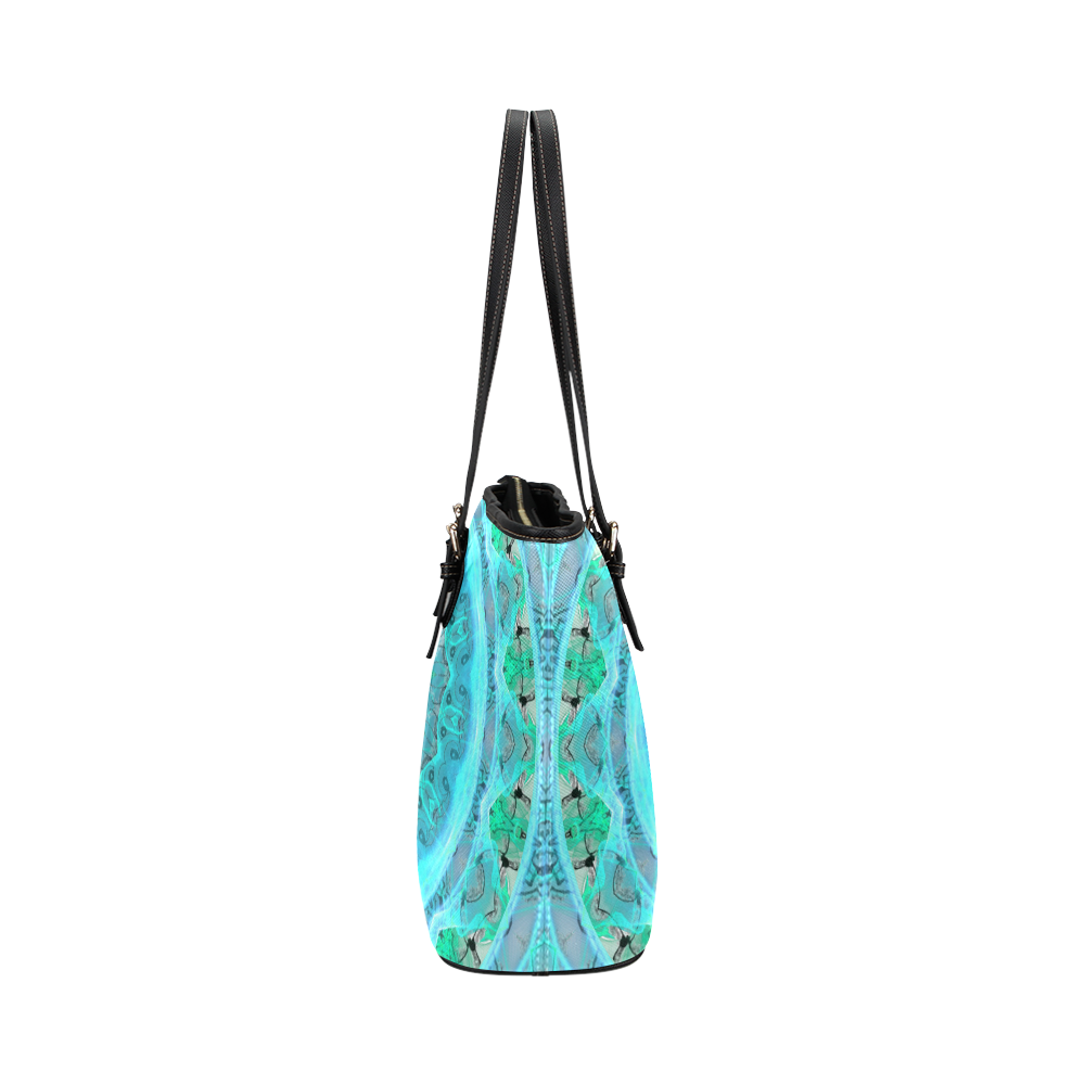 Teal Cyan Ocean Abstract Modern Lace Lattice Leather Tote Bag/Small (Model 1651)