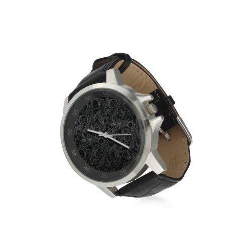 A elegant floral damasks in  silver and black Unisex Stainless Steel Leather Strap Watch(Model 202)