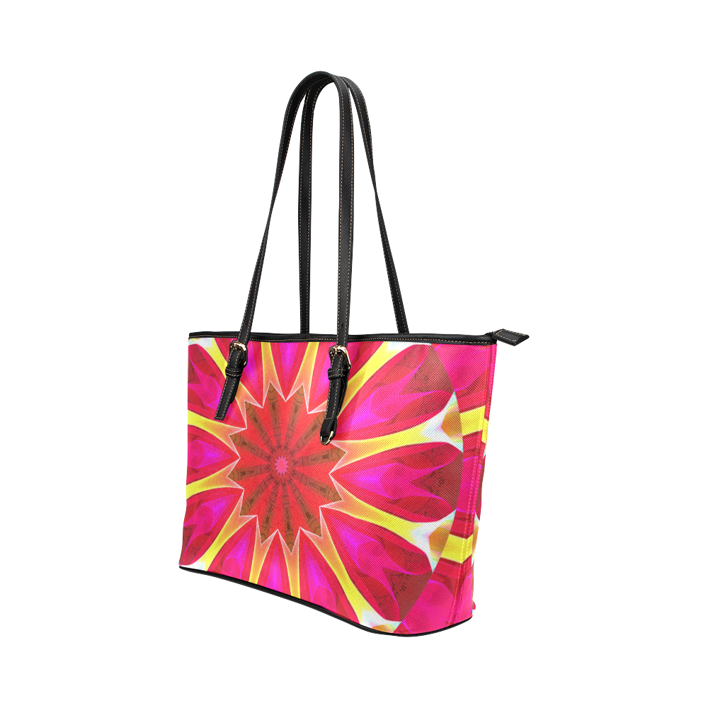 Cherry Daffodil Abstract Modern Pink Flowers Zen Leather Tote Bag/Small (Model 1651)