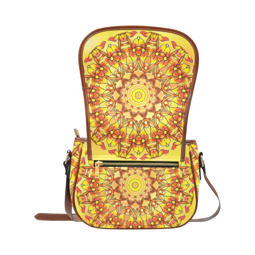 Orange Yellow Sunflower Mandala Red Zendoodle Saddle Bag/Small (Model 1649) Full Customization