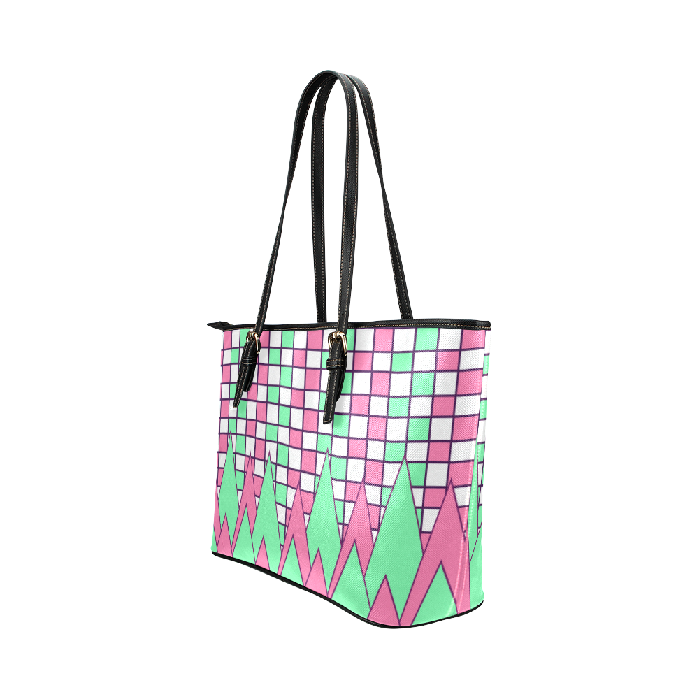 Geometry in pink and green Leather Tote Bag/Small (Model 1651)