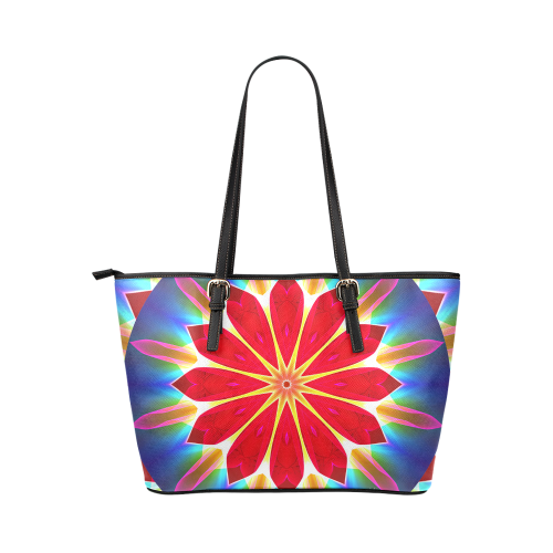 Blue Ice Flowers Red Abstract Modern Petals Zen Leather Tote Bag/Small (Model 1651)