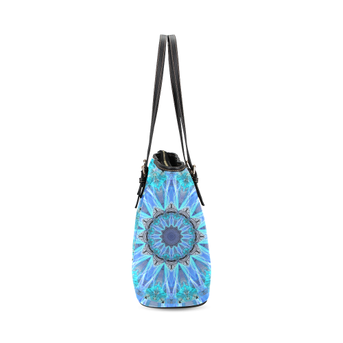 Sapphire Ice Flame, Cyan Blue Crystal Wheel Leather Tote Bag/Small (Model 1640)