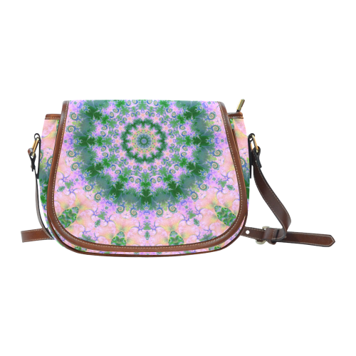 Rose Pink Green Explosion of Flowers Mandala Saddle Bag/Small (Model 1649) Full Customization