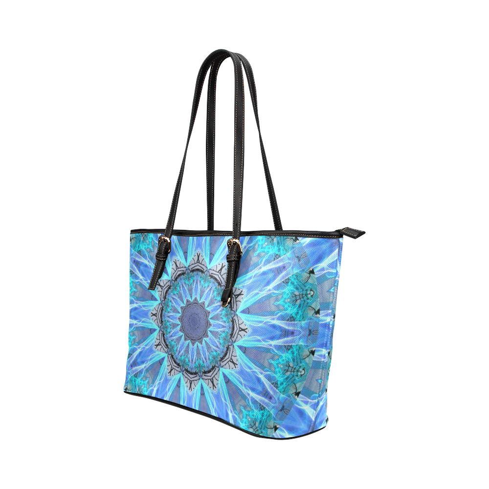 Sapphire Ice Flame, Cyan Blue Crystal Wheel Leather Tote Bag/Large (Model 1651)