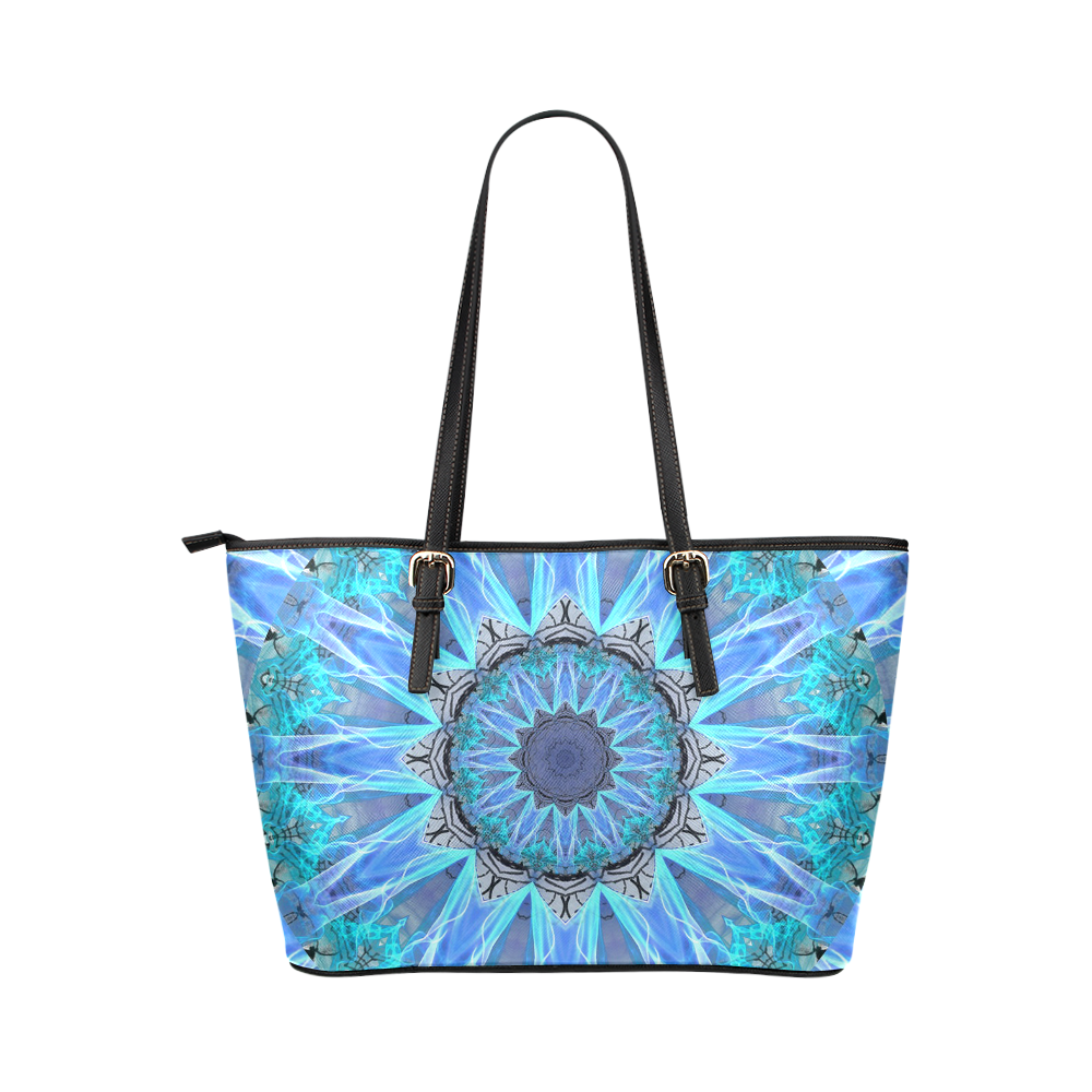 Sapphire Ice Flame, Cyan Blue Crystal Wheel Leather Tote Bag/Large (Model 1651)
