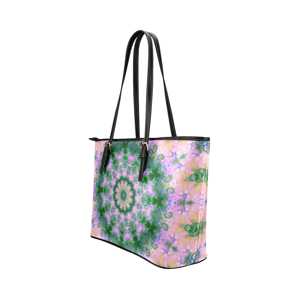 Rose Pink Green Explosion of Flowers Mandala Leather Tote Bag/Small (Model 1651)