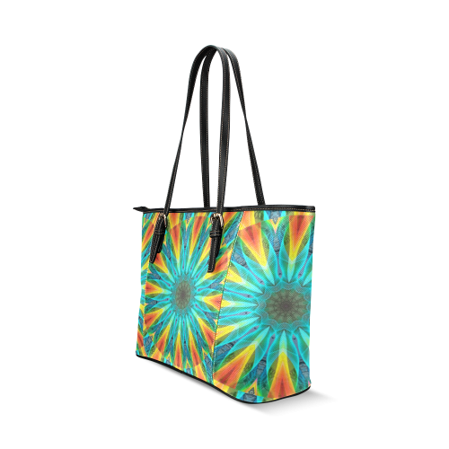 Aqua Gold Joy to the World Flowers, Zen Rainbow Leather Tote Bag/Small (Model 1640)