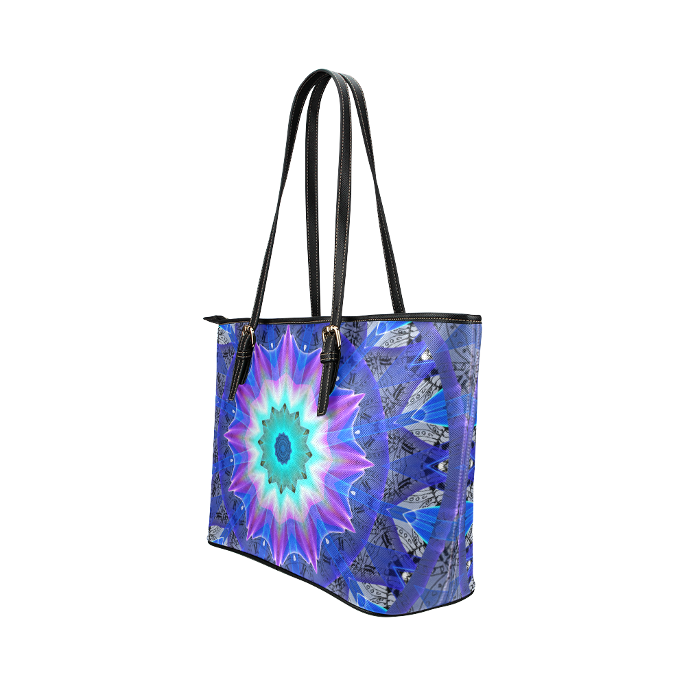 Blue Ice Merry Aqua Violet Foliage Flowers Zen Leather Tote Bag/Small (Model 1651)
