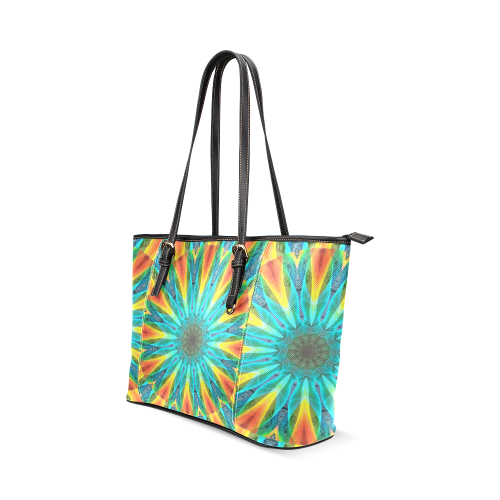 Aqua Gold Joy to the World Flowers, Zen Rainbow Leather Tote Bag/Small (Model 1640)