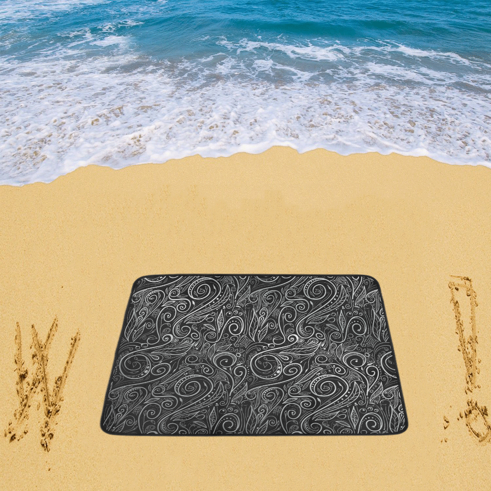 A elegant floral damasks in  silver and black Beach Mat 78"x 60"
