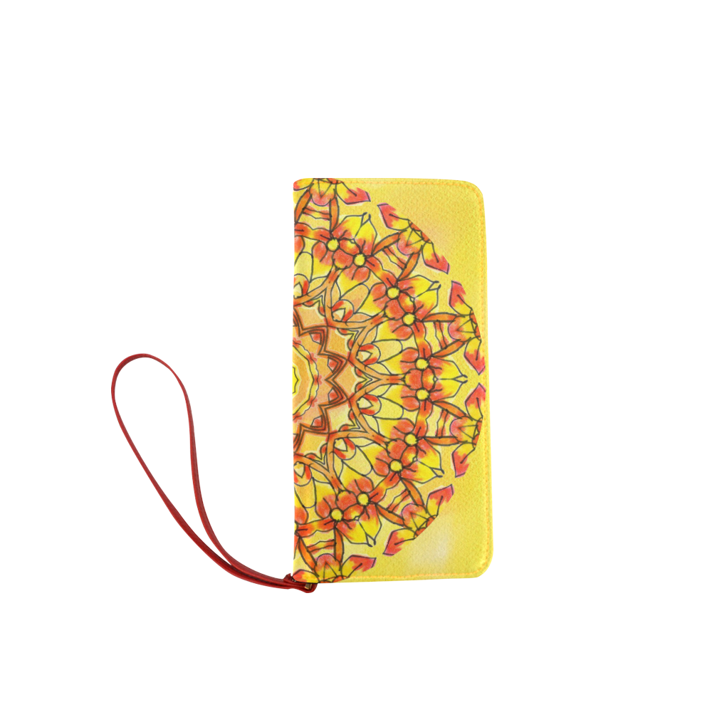 Orange Yellow Sunflower Mandala Red Zendoodle Women's Clutch Wallet (Model 1637)