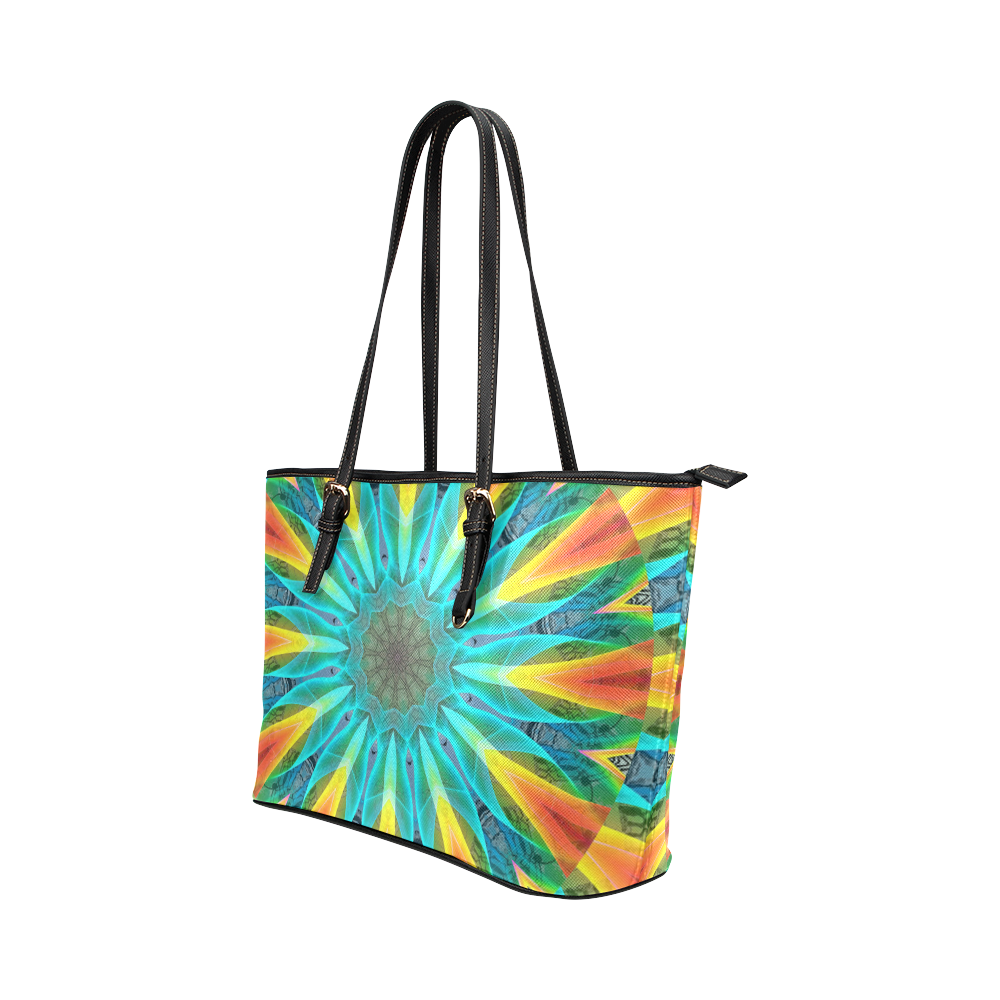 Aqua Gold Joy to the World Flowers, Zen Rainbow Leather Tote Bag/Large (Model 1651)