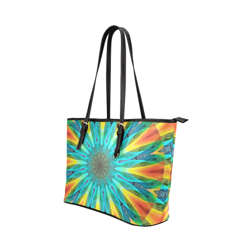 Aqua Gold Joy to the World Flowers, Zen Rainbow Leather Tote Bag/Large (Model 1651)