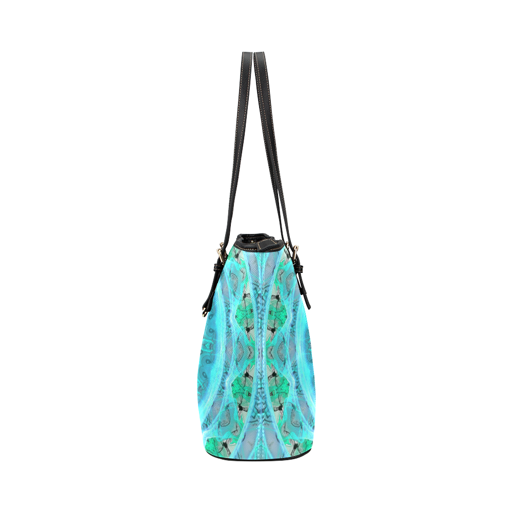 Teal Cyan Ocean Abstract Modern Lace Lattice Leather Tote Bag/Large (Model 1651)