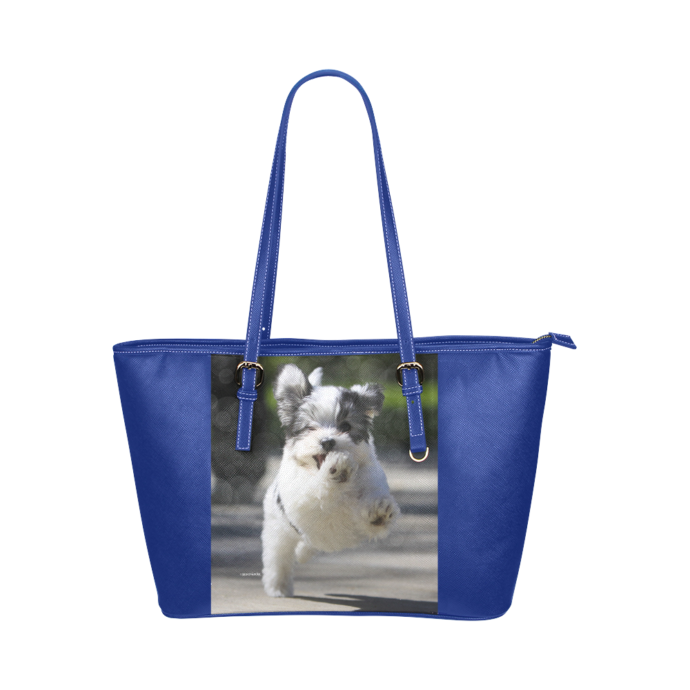 Havanese puppy coming at ya! Leather Tote Bag/Large (Model 1651)