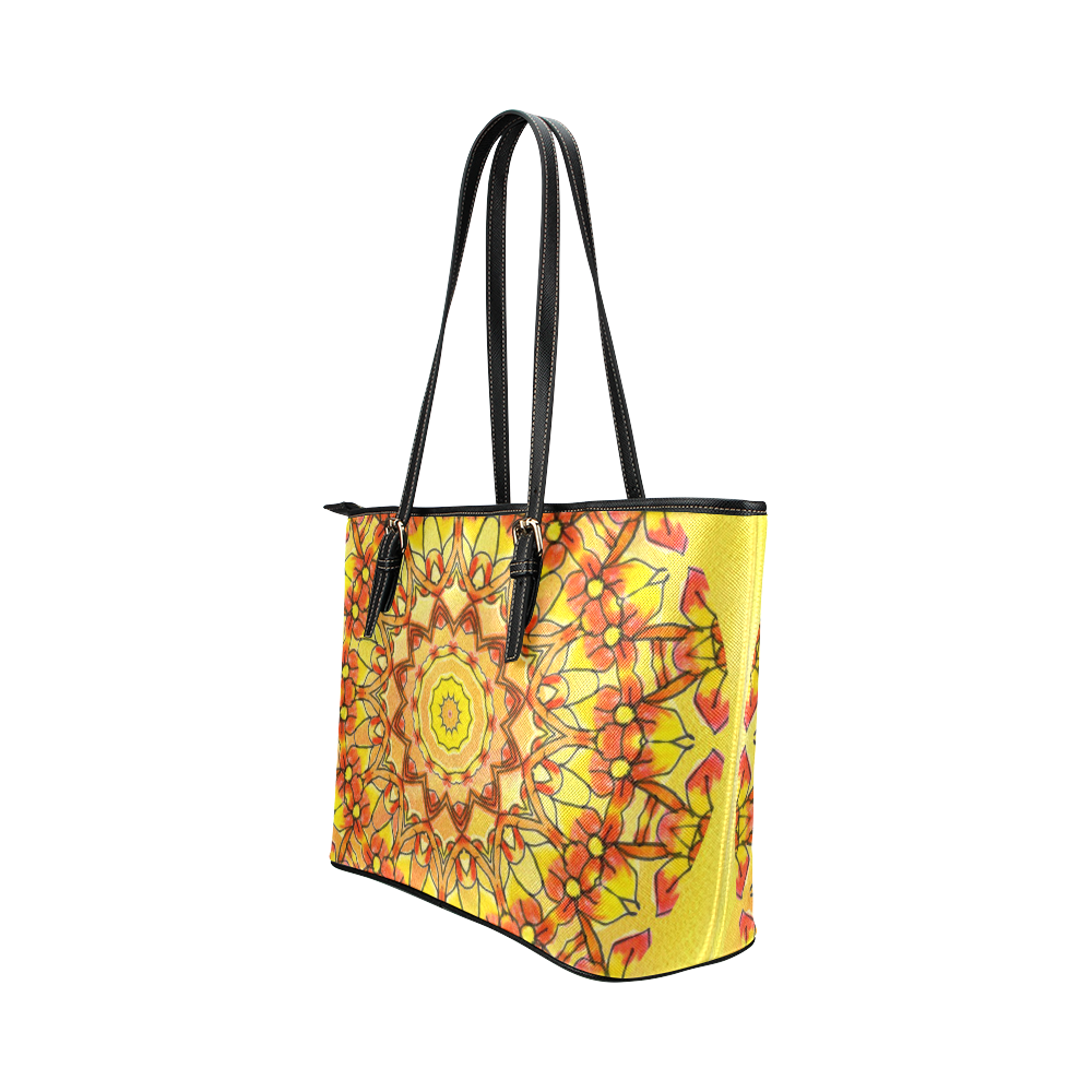 Orange Yellow Sunflower Mandala Red Zendoodle Leather Tote Bag/Large (Model 1651)