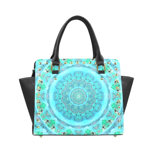 Teal Cyan Ocean Abstract Modern Lace Lattice Rivet Shoulder Handbag (Model 1645)