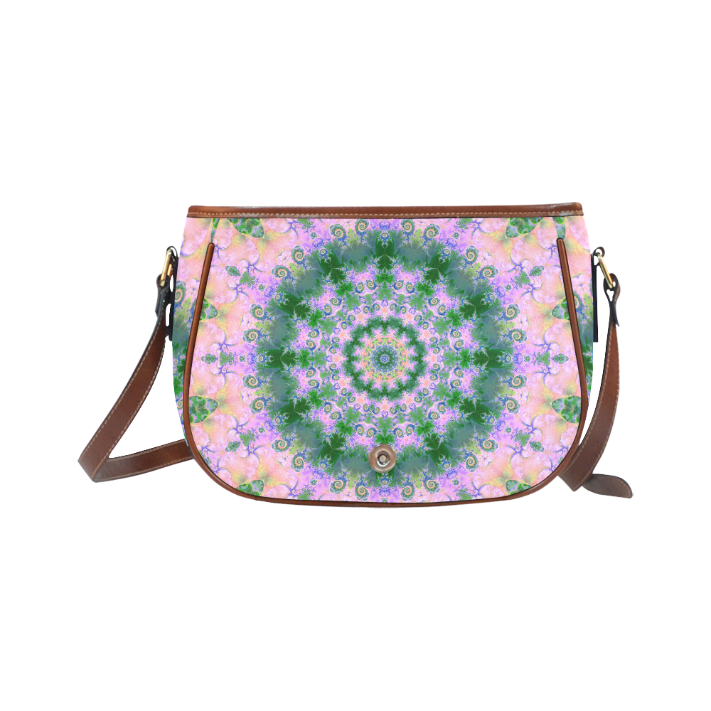 Rose Pink Green Explosion of Flowers Mandala Saddle Bag/Small (Model 1649) Full Customization