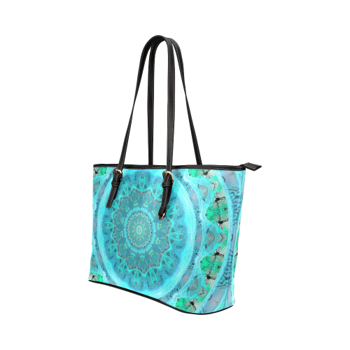 Teal Cyan Ocean Abstract Modern Lace Lattice Leather Tote Bag/Large (Model 1651)