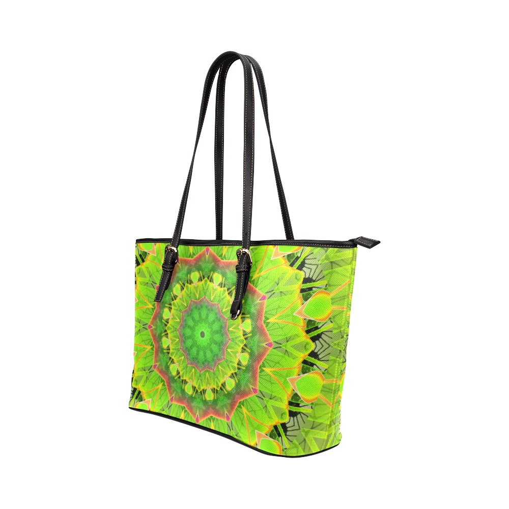 Golden Green Foliage Ferns Abstract Summer Days Leather Tote Bag/Small (Model 1651)