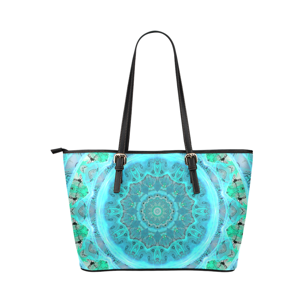 Teal Cyan Ocean Abstract Modern Lace Lattice Leather Tote Bag/Large (Model 1651)