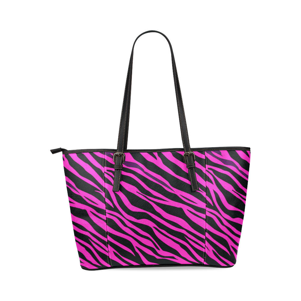 Hot Pink Zebra Stripes Leather Tote Bag/Large (Model 1640) | ID: D387763