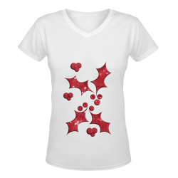 Red Sequin-Look Christmas Holly Women's Deep V-neck T-shirt (Model T19)