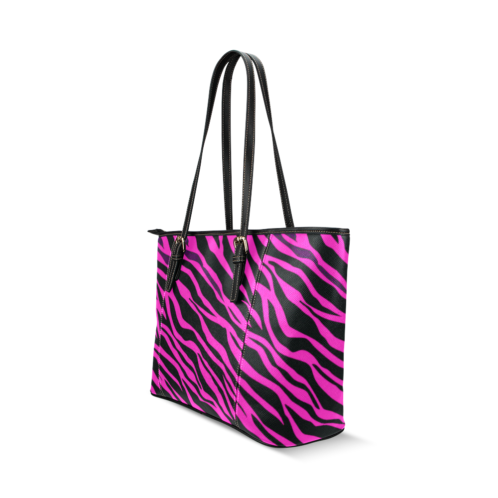 Hot Pink Zebra Stripes Leather Tote Bag/Large (Model 1640) | ID: D387763