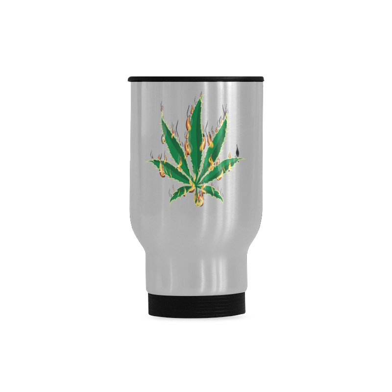 Flaming Marijuana Leaf Travel Mug (Silver) (14 Oz)